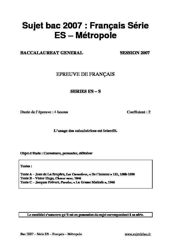 Sujet bac 2007 : Français Série ES – Métropole