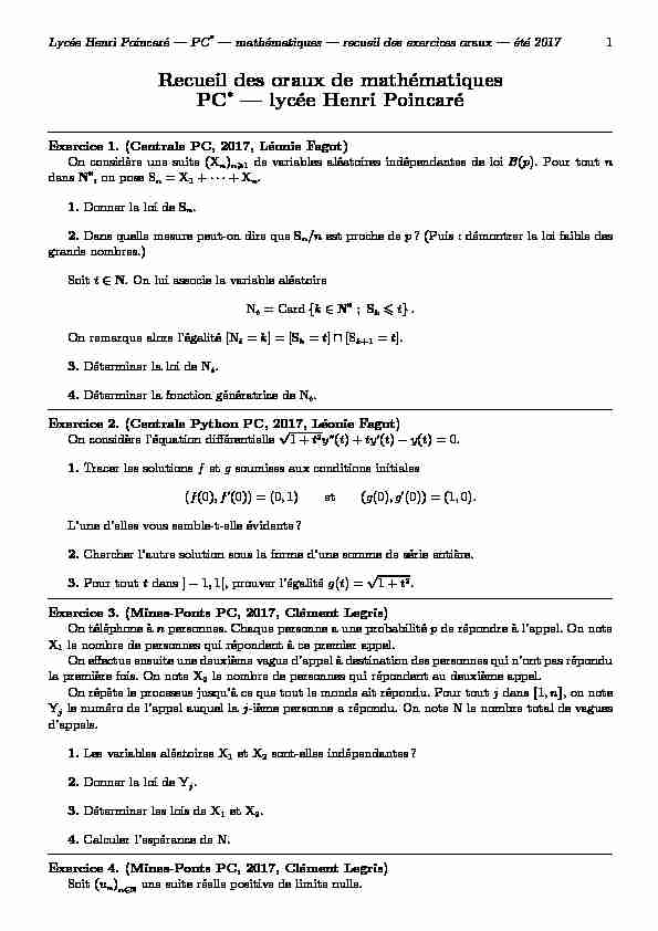 Recueil des oraux de mathématiques PC* — lycée Henri Poincaré