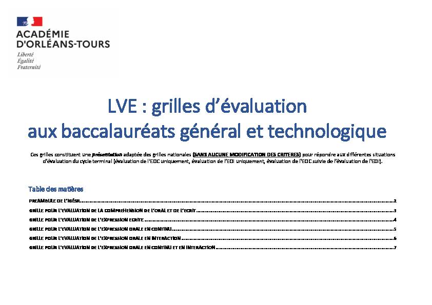 LVE : grilles d’évaluation aux baccalauréats général et