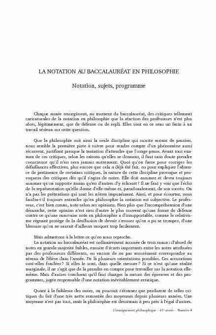 LA NOTATION AU BACCALAURÉAT EN PHILOSOPHIE Notation