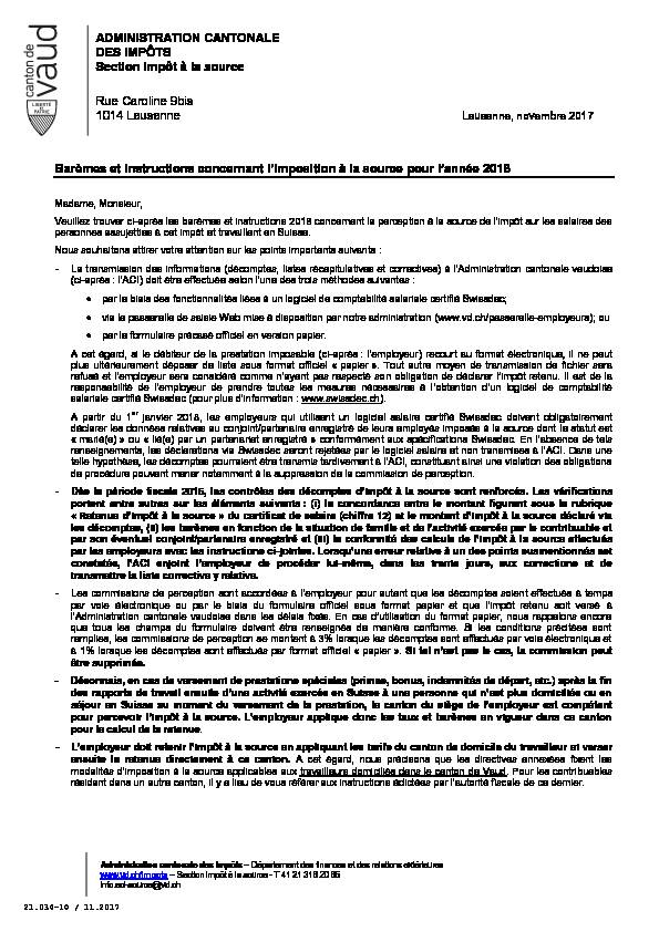 ADMINISTRATION CANTONALE DES IMPÔTS Section impôt à la source
