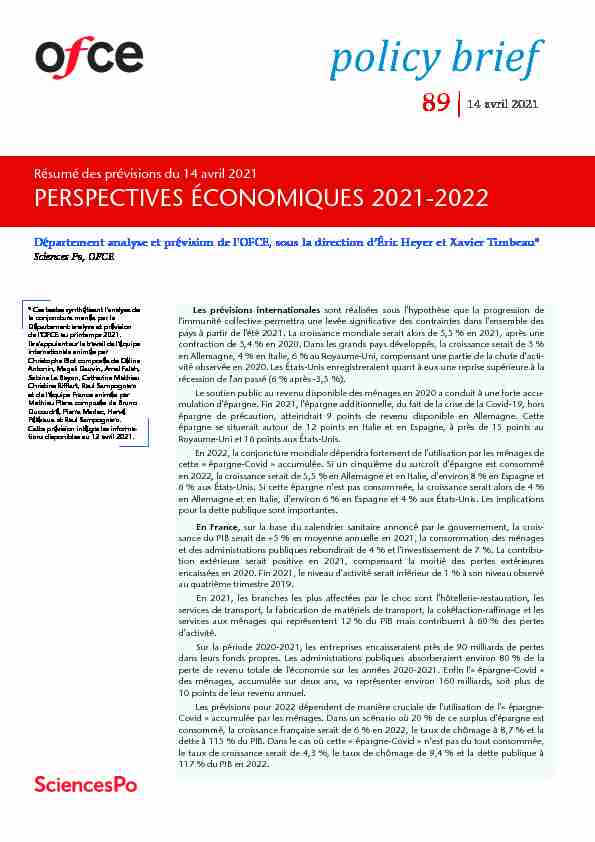 Perspectives économiques 2021-2022. Résumé des prévisions du