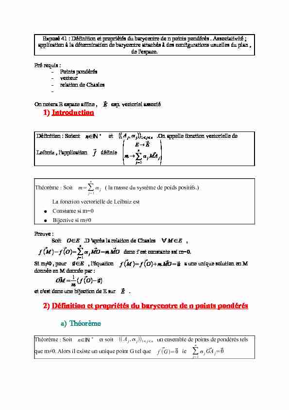 [PDF] Définition et propriétés du barycentre de n points pondérés