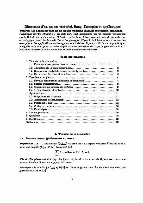 [PDF] Dimension dun espace vectoriel Rang Exemples et applications