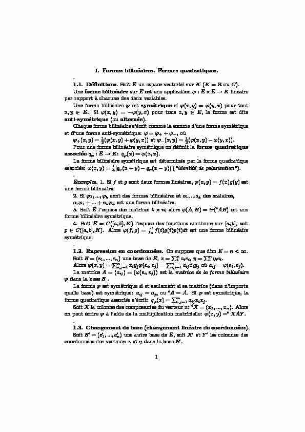 [PDF] 1 Formes bilinéaires Formes quadratiques  11 Définitions Soit E