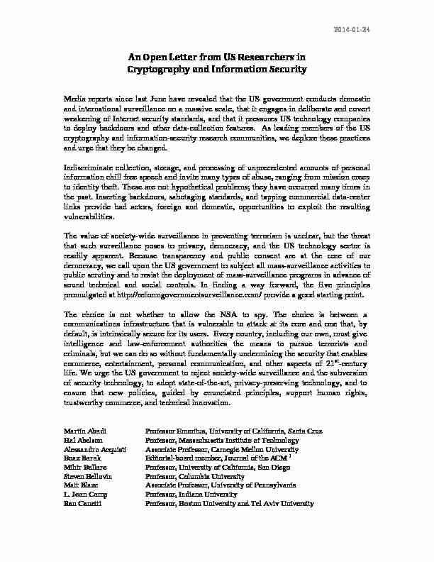 An Open Letter from US Researchers in Cryptography and
