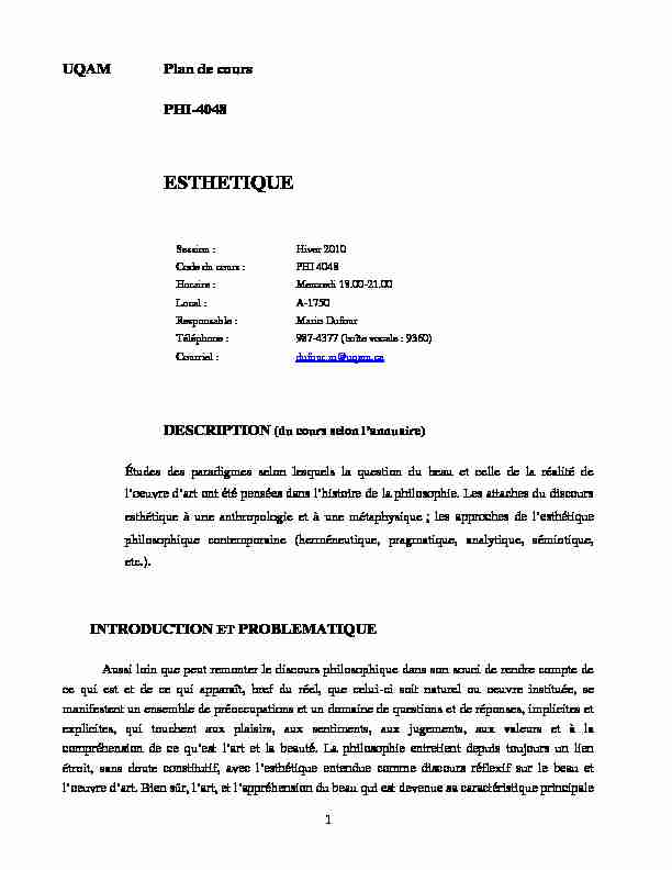 [PDF] ESTHETIQUE - Département de philosophie - UQAM