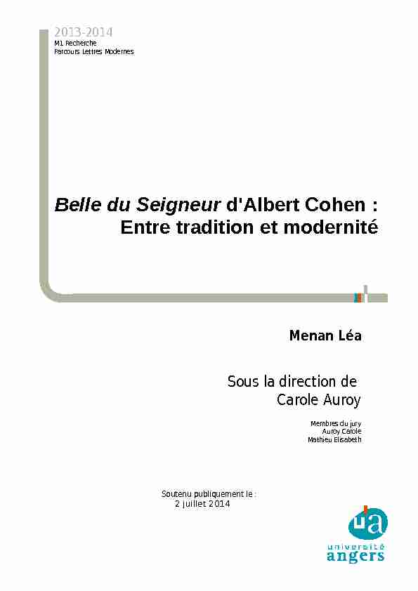 Belle du Seigneur dAlbert Cohen : Entre tradition et modernité