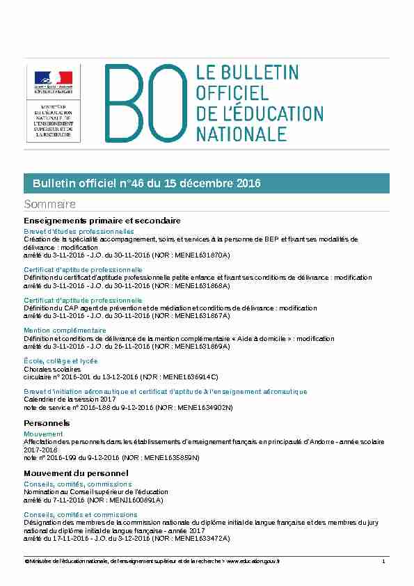 Bulletin officiel n°46 du 15 décembre 2016 Sommaire