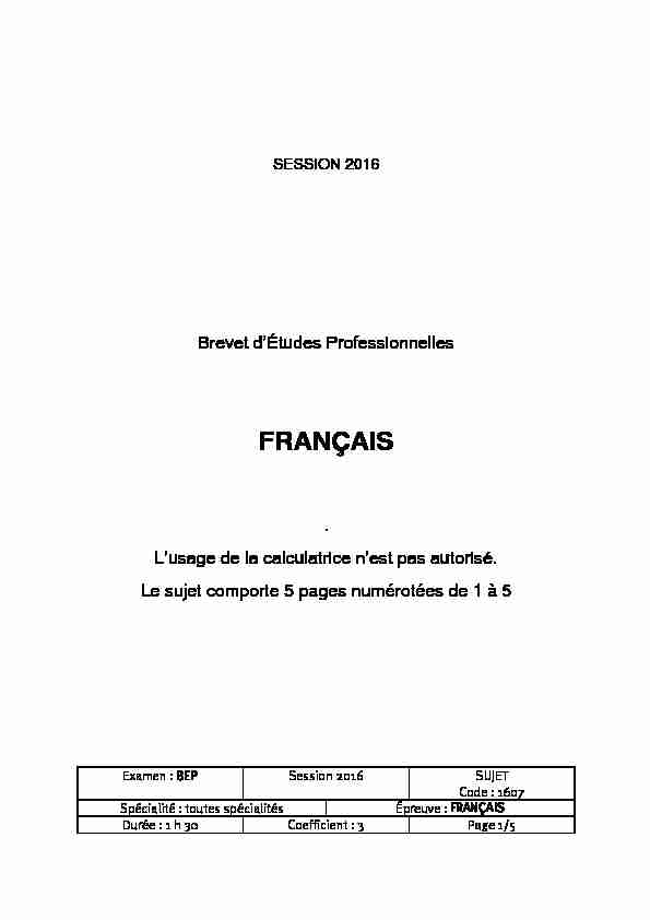 [PDF] Sujet français BEP juin 2016 métropole - Lettres-Histoire