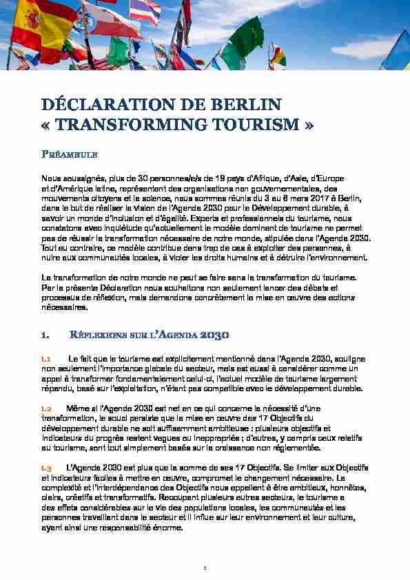 DÉCLARATION DE BERLIN « TRANSFORMING TOURISM »