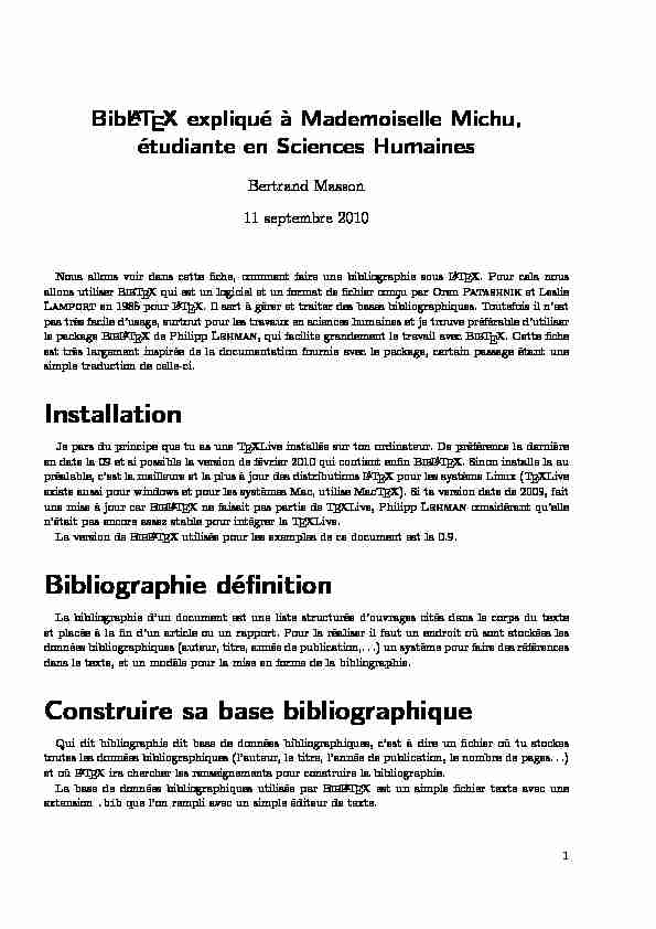 Installation Bibliographie définition Construire sa base bibliographique
