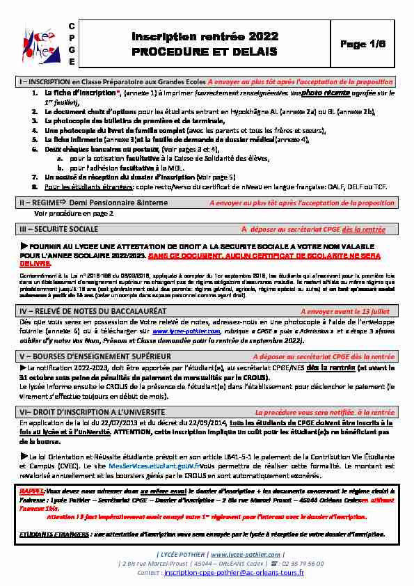 [PDF] Inscription rentrée 2022 PROCEDURE ET DELAIS - Lycée Pothier