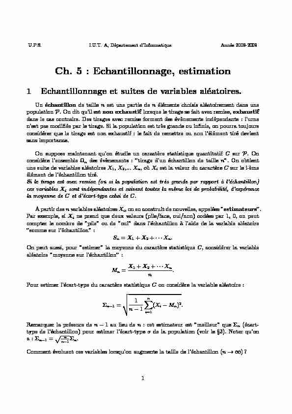 Ch. 5 : Echantillonnage estimation
