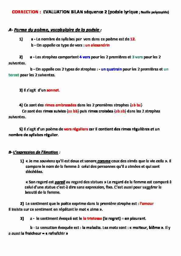 [PDF] correction évaluation bilan séquence 2 _poésie lyrique