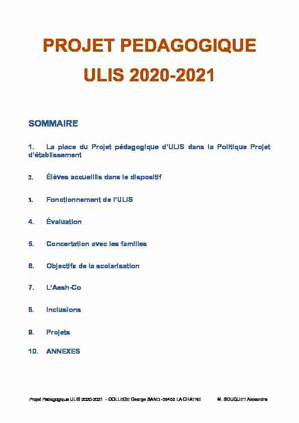 PROJET PEDAGOGIQUE ULIS 2020-2021