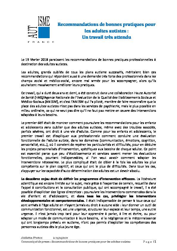 [PDF] Recommandations de bonnes pratiques pour les  - Autisme France