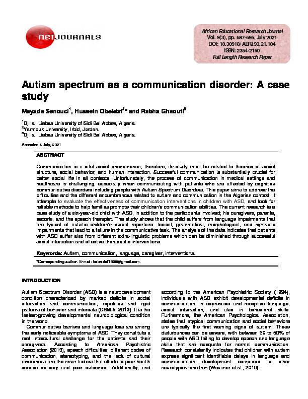 Autism spectrum as a communication disorder: A case study - ed