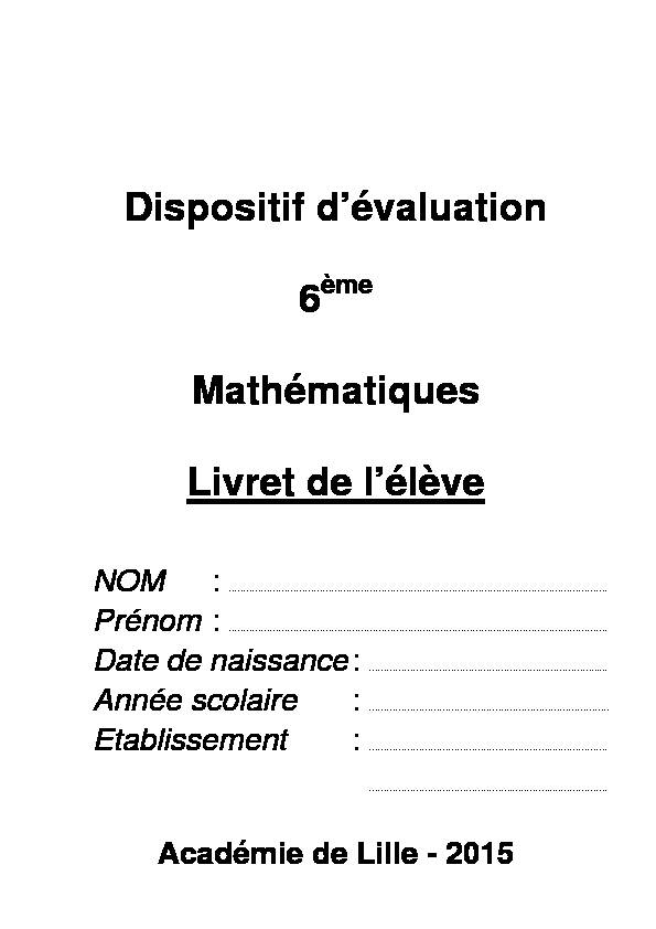 Evaluation 6eme 2015 Couverture Mathematiques - plenfr
