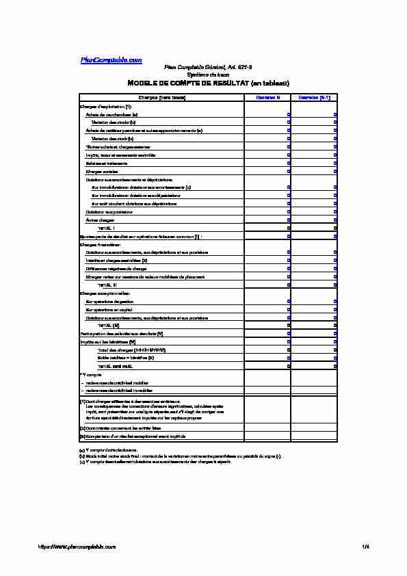 MODELE DE COMPTE DE RESULTAT (en tableau) - Plan comptable