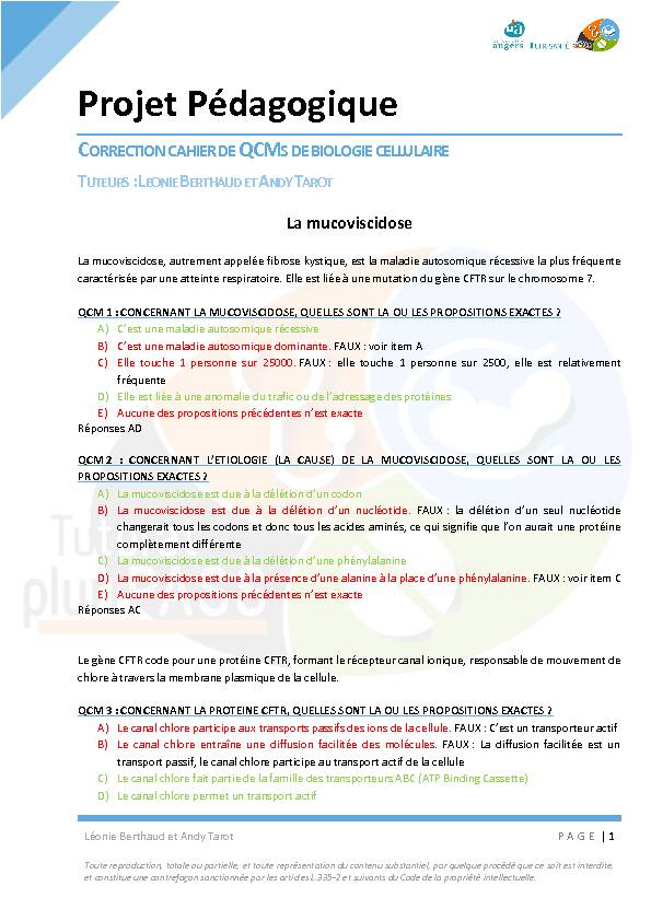 ORRECTION CAHIER DE QCMS DE BIOLOGIE CELLULAIRE