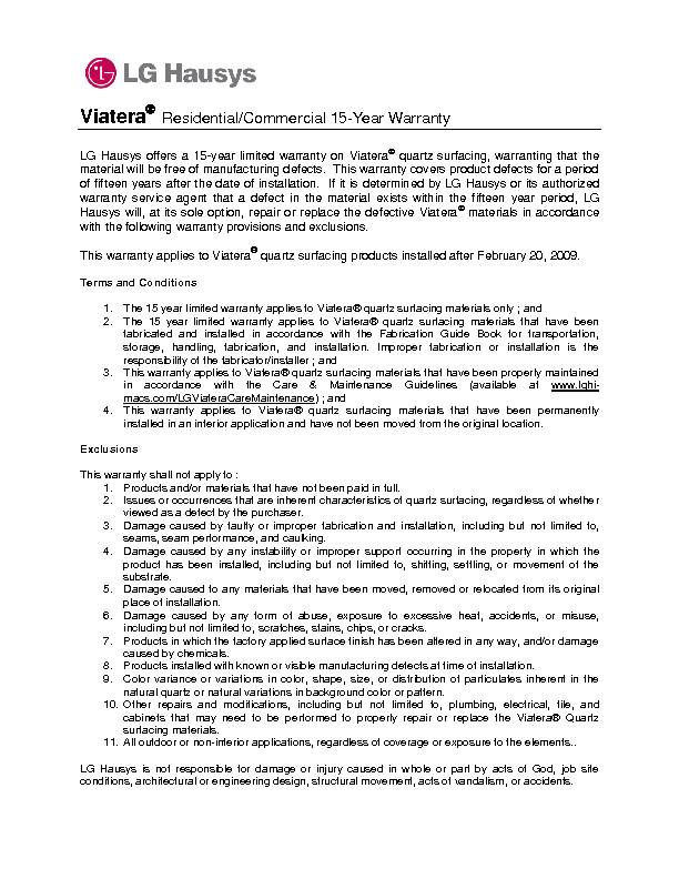 Viatera Residential/Commercial 15-Year Warranty