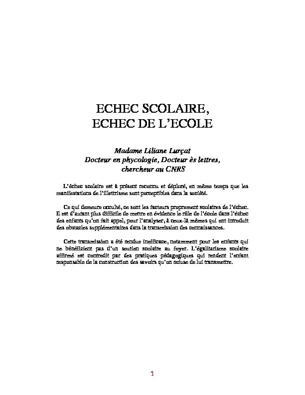 ECHEC SCOLAIRE ECHEC DE L’ECOLE - AES France