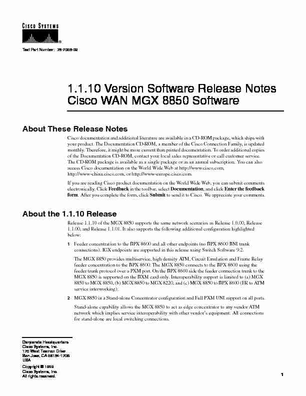 1.1.10 Version Software Release Notes Cisco WAN MGX 8850