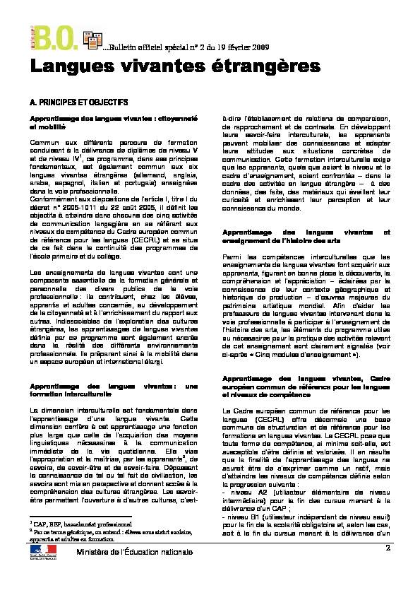 Bulletin officiel spécial n° 2 du 19 février 2009 Langues