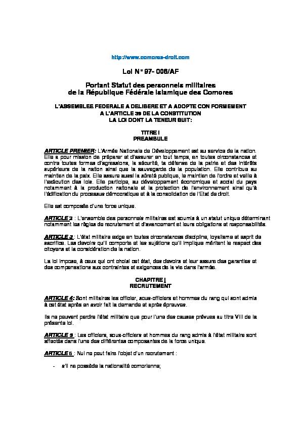 Loi N° 97- 006/AF Portant Statut des personnels militaires de la