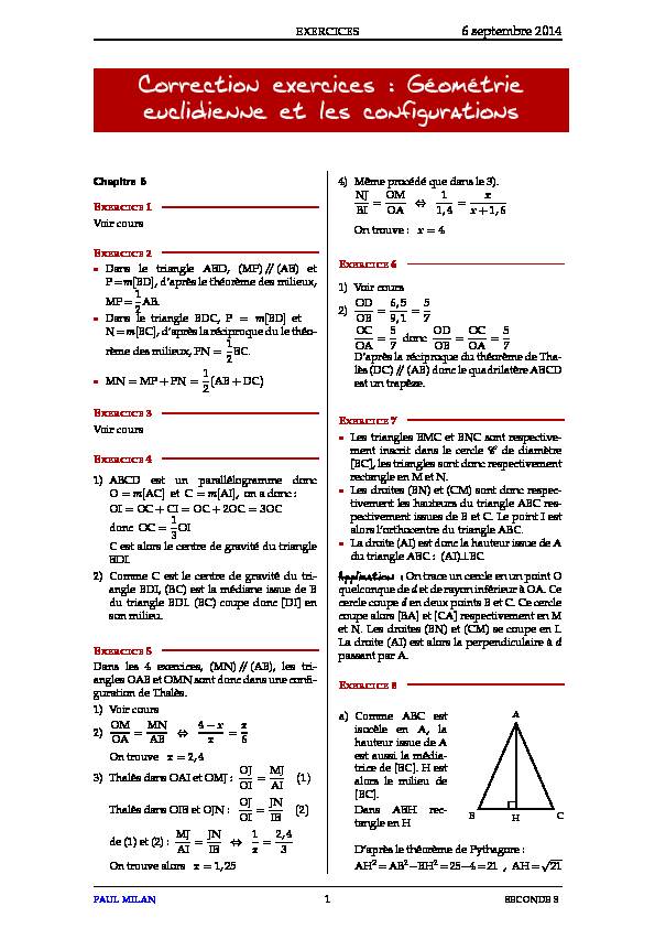 Correction exercices : Géométrie euclidienne et les