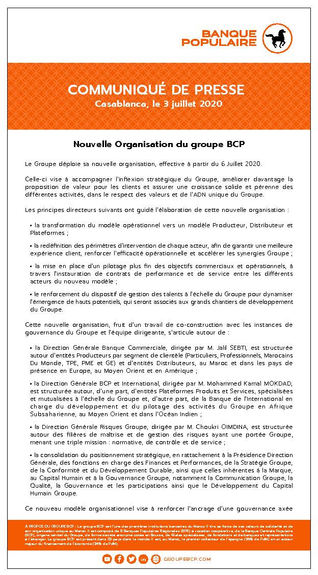 Casablanca le 3 juillet 2020 Nouvelle Organisation du groupe BCP