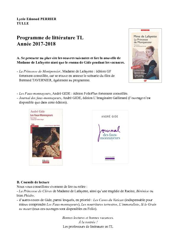 Programme de littérature TL Année 2017-2018