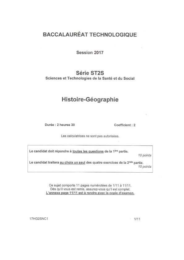 Sujet du bac ST2S Histoire-Géographie 2017 - Nlle Calédonie