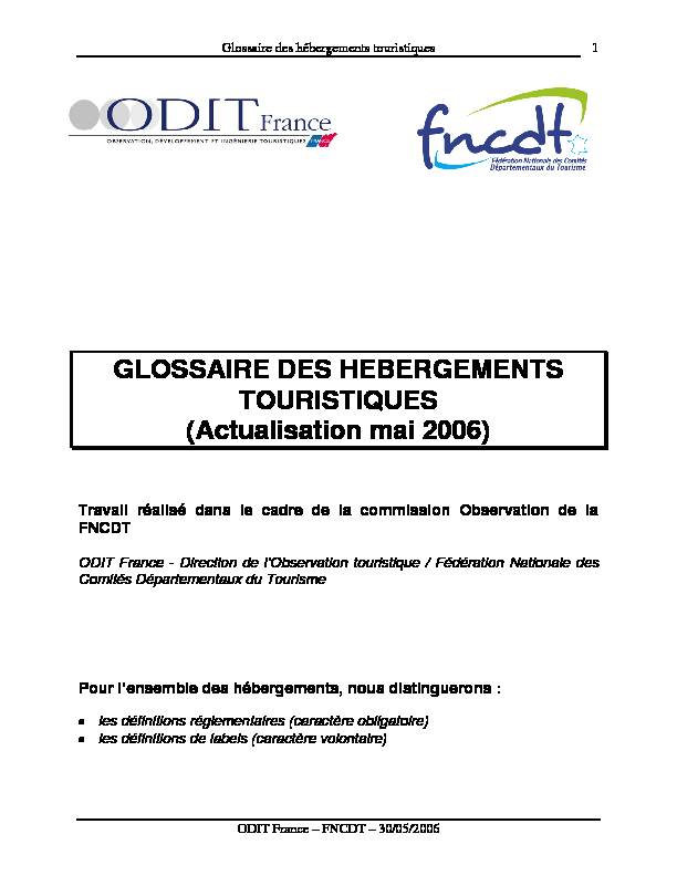 GLOSSAIRE DES HEBERGEMENTS TOURISTIQUES (Actualisation mai 2006)