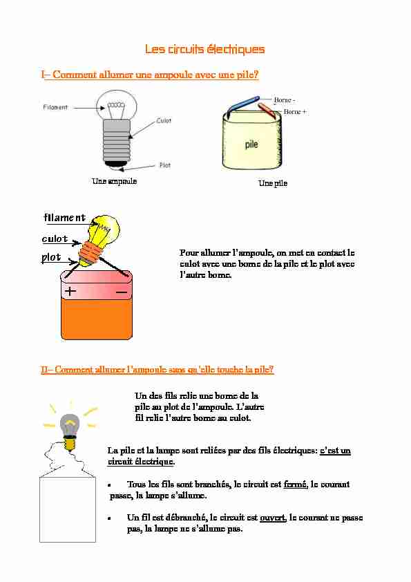[PDF] Les circuits électriques I– Comment allumer une ampoule avec une