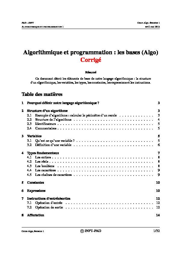 Algorithmique et programmation : les bases (Algo) Corrigé