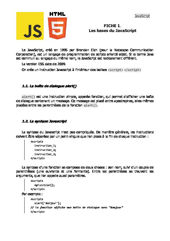 [PDF] FICHE 1 Les bases du JavaScript - prof doc