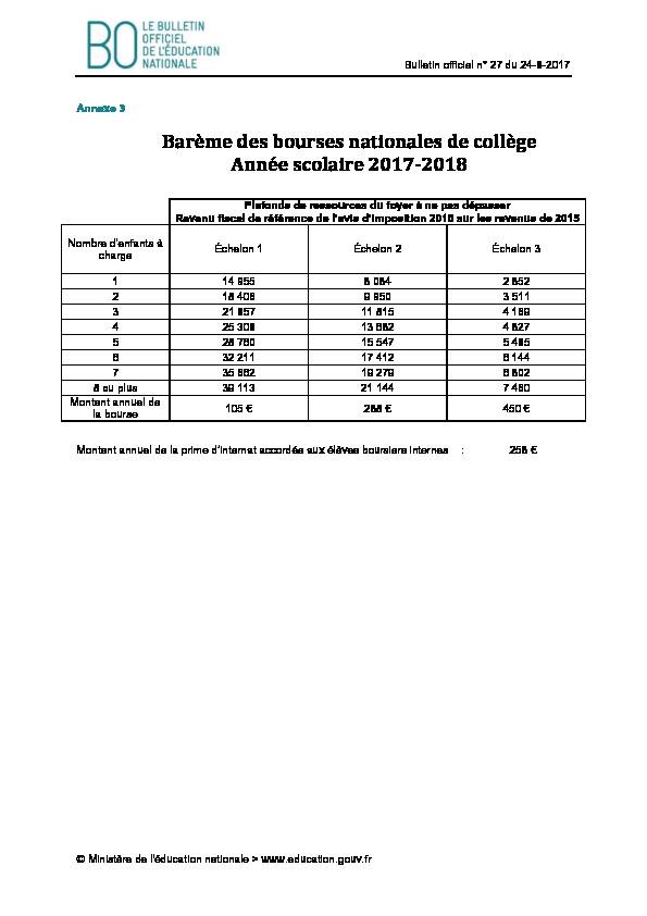 Barème des bourses nationales de collège Année scolaire 2017-2018