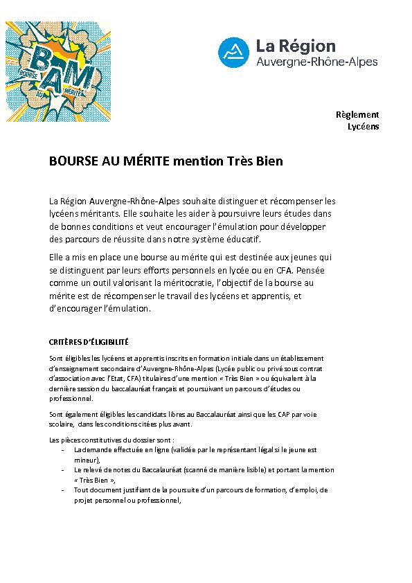 BOURSE AU MÉRITE mention Très Bien - Rhône-Alpes