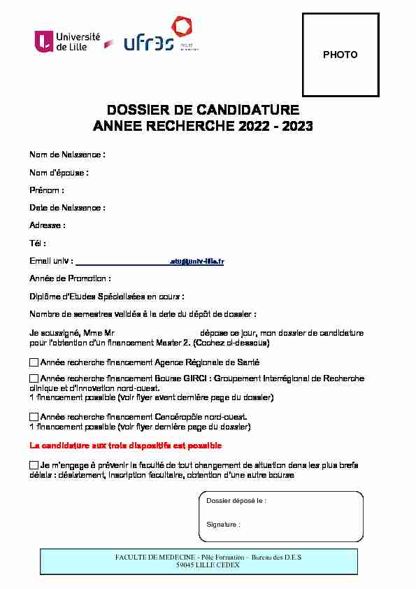 [PDF] Dossier de candidature Annee recherche 2022 - 2023