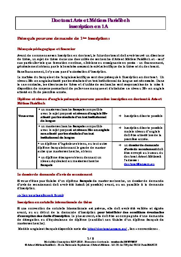 [PDF] Doctorat Arts et Métiers ParisTech inscription en 1A