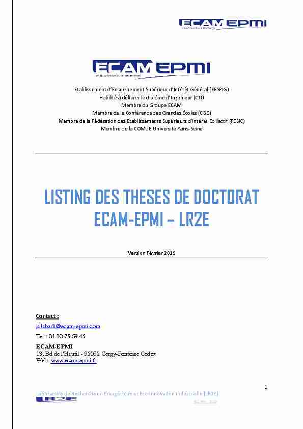 LISTING DES THESES DE DOCTORAT ECAM-EPMI – LR2E