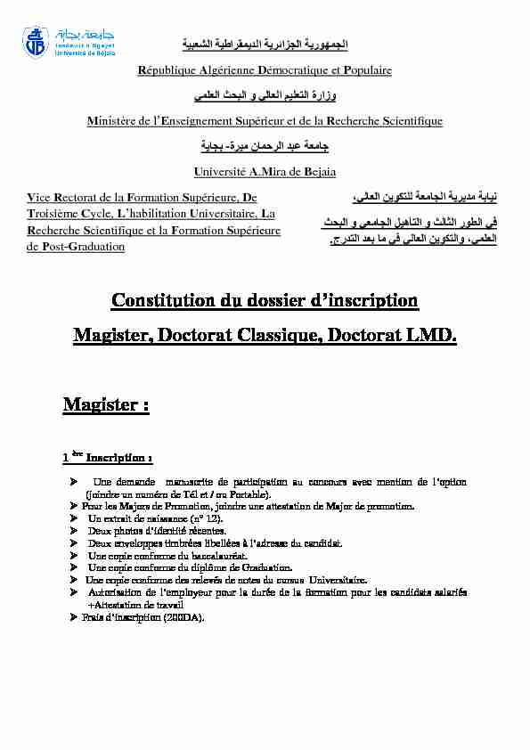Constitution du dossier dinscription Magister Doctorat Classique