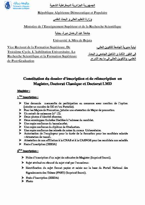 Constitution du dossier dinscription et de réinscription en Magister