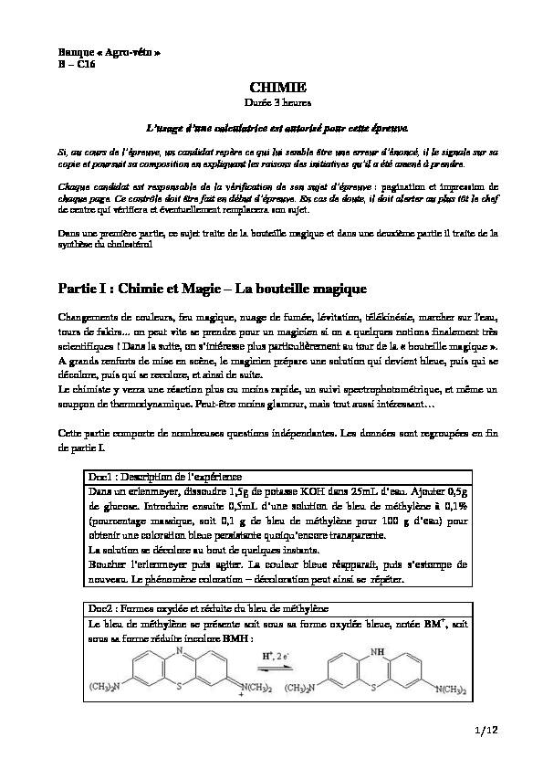 [PDF] Chimie et Magie – La bouteille magique - Concours Agro Veto