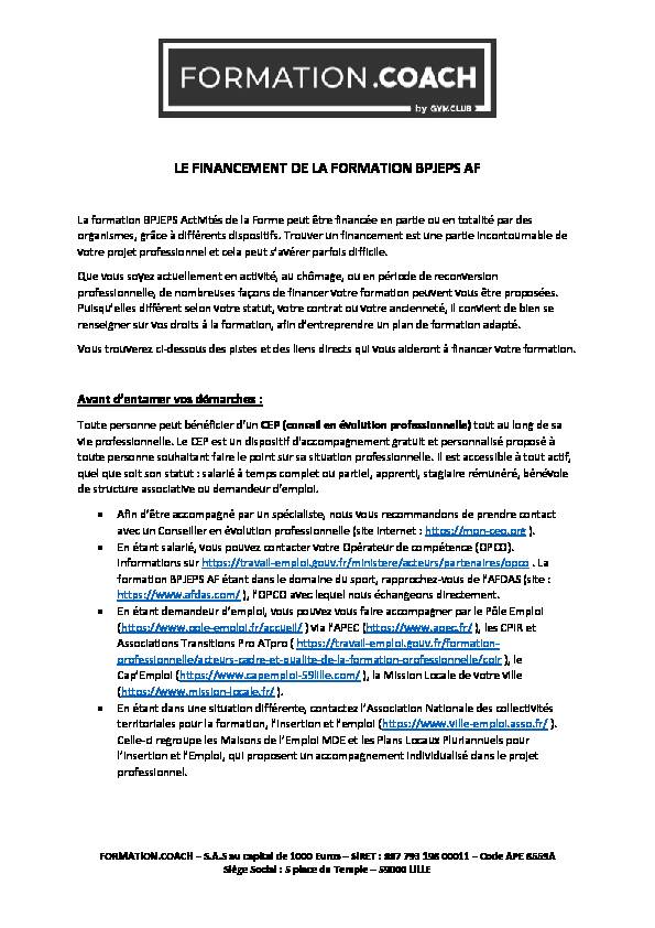 [PDF] LE FINANCEMENT DE LA FORMATION BPJEPS AF