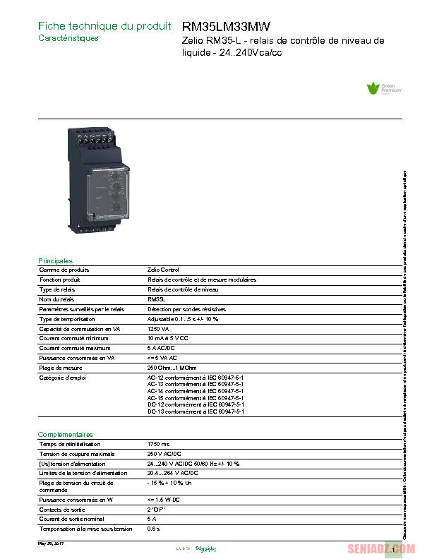 Caractéristiques Zelio RM35-L - relais de contrôle de niveau
