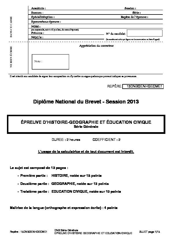 Diplôme National du Brevet - Session 2013 - Réviser le brevet