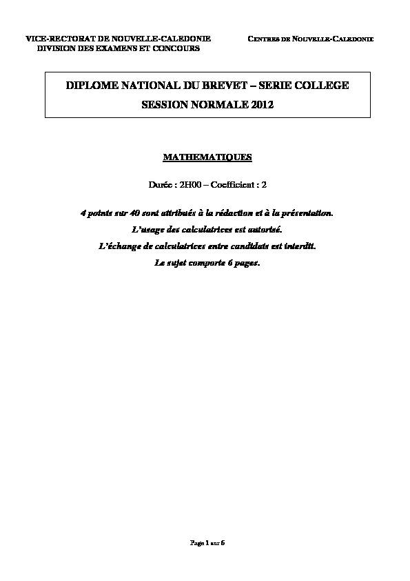 DIPLOME NATIONAL DU BREVET – SERIE COLLEGE SESSION NORMALE 2012